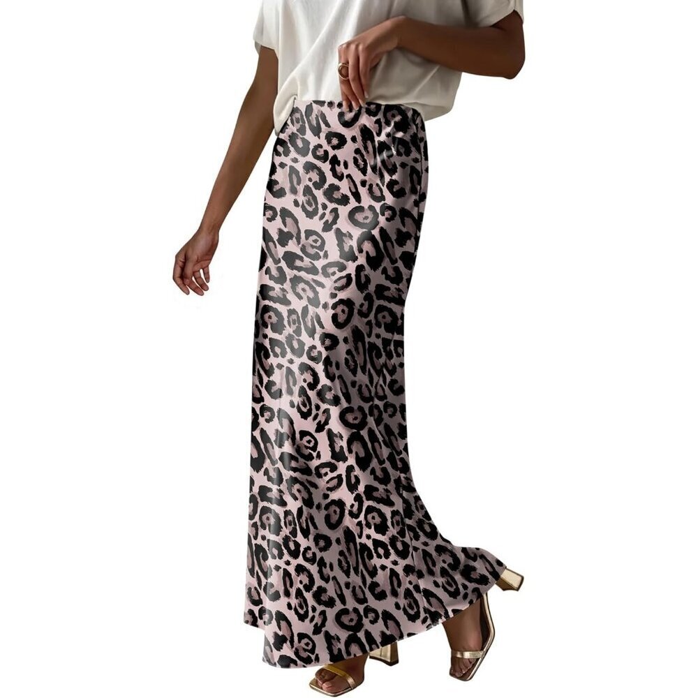 Women Leopard Maxi Dressy Casual Zipped High Waisted Silk Elegant Long Skirt